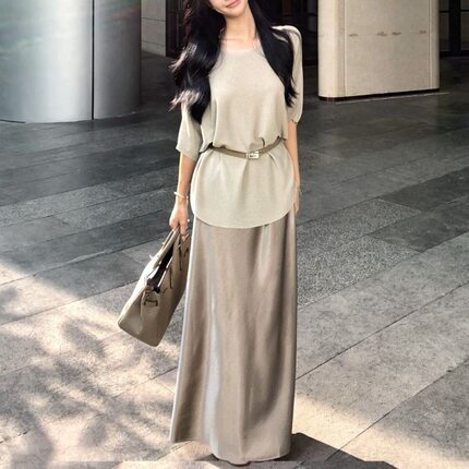 高级感老钱风套装女夏季2026新款圆领时尚宽松上衣高腰纯色半身裙