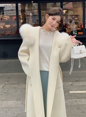 白色超大毛领双面羊绒大衣女2026秋冬新款小个子连帽羊毛呢外套
