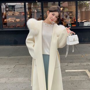 白色超大毛领双面羊绒大衣女2026秋冬新款小个子连帽羊毛呢外套