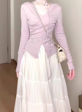 温柔风针织上衣女搭配半身裙子2026新款韩系初秋季小个子气质套装