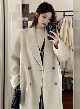 燕麦色双面羊绒羊毛大衣女中长款2026秋冬韩版新款赫本风毛呢外套