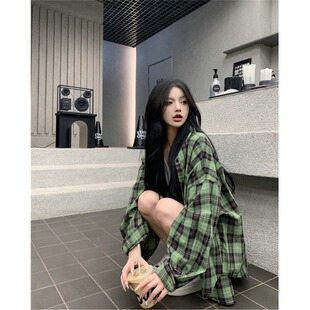 宽松休闲慵懒衬衣上衣 外套女早春2026新款 复古绿色格子薄款 衬衫