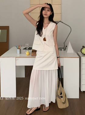 赫拉HELART2025v领无袖马甲上衣拼接雪纺下摆春夏款半身裙套装AI
