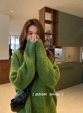 绿色慵懒风软糯圆领毛衣宽松设计感显瘦套头保暖