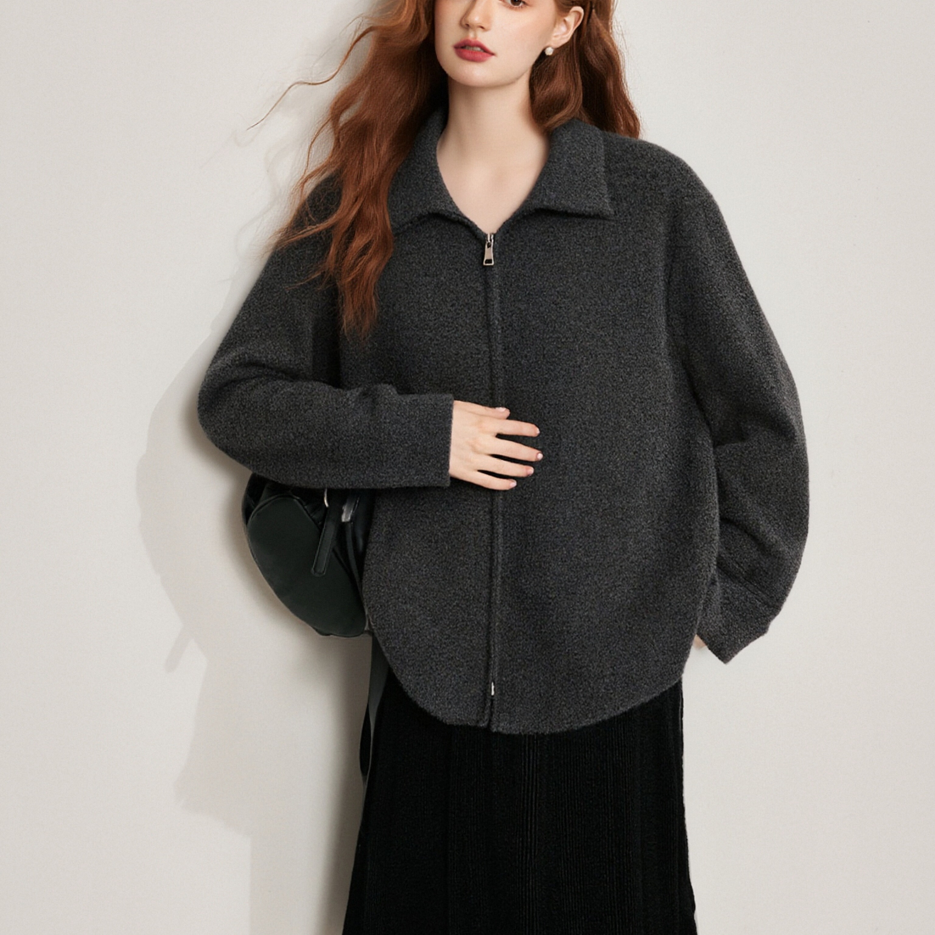 半拉链翻领针织长款休闲长袖毛衣