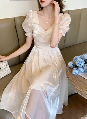 法式茶歇连衣裙白色真丝雪纺2023女新款夏小香风穿搭