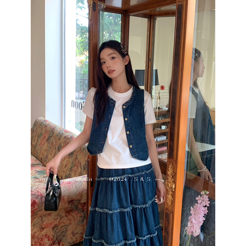 复古半身裙套装纯色上新马甲夏季