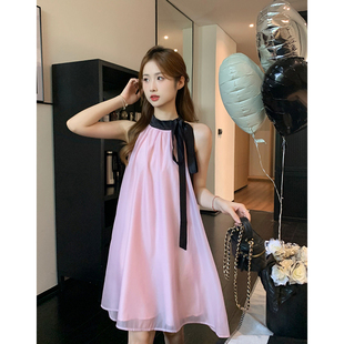 甜美粉色挂脖连衣裙短款 蛋糕裙 少女感吊带小个子2023新款 女夏季