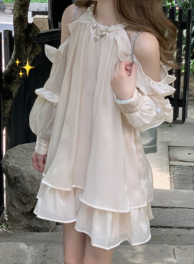 甜美露肩挂脖连衣裙遮胯短款白色法式女小个子季成人夏天气质高端