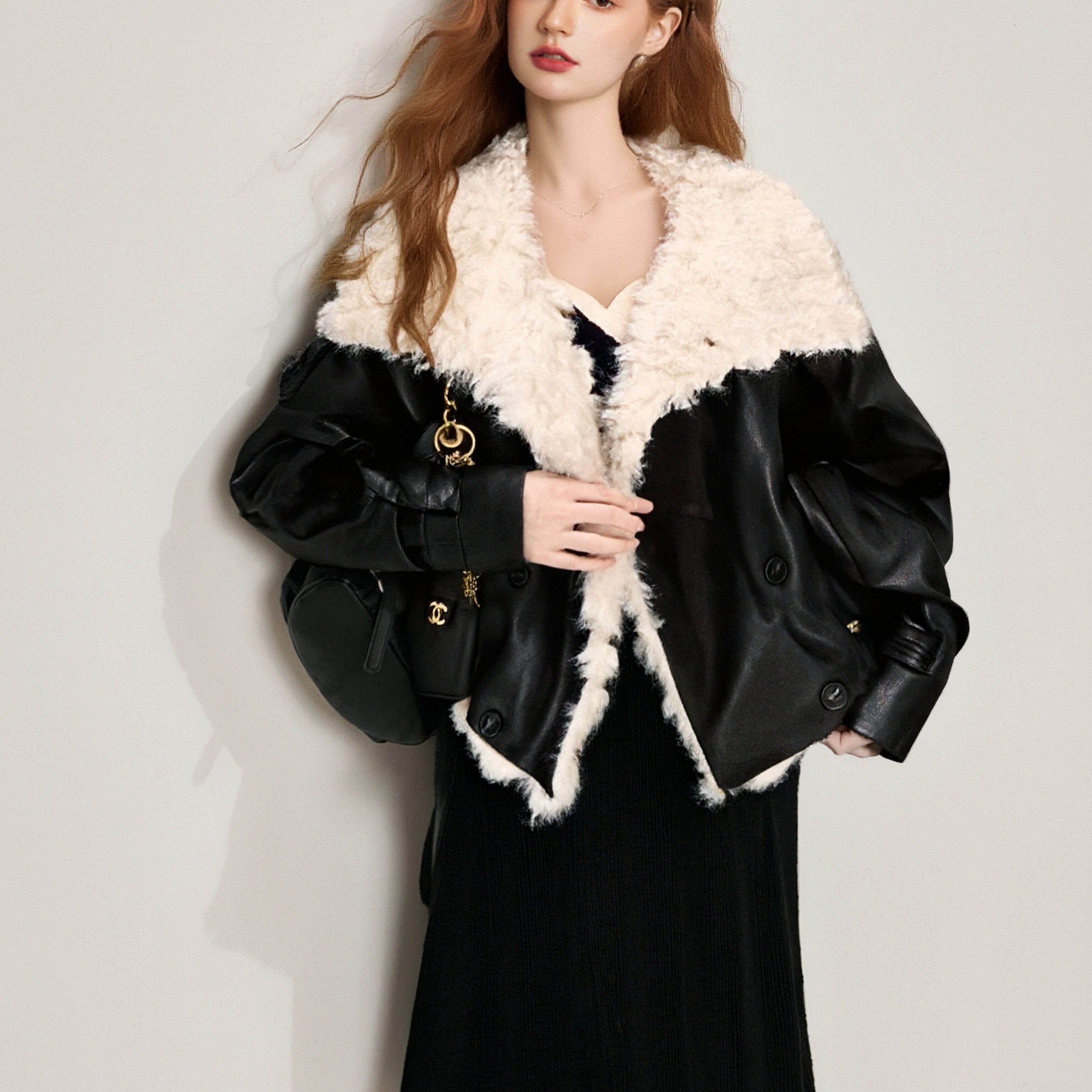 蓬松小羊羔毛短外套翻领派克服