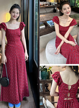 红色设计感小飞袖复古碎花连衣裙女2024夏季新款高级感气质中长裙