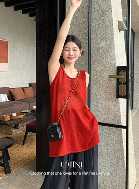 赫拉HELART2025亚麻休闲感后背系带无袖宽松春夏新款背心针织衫U