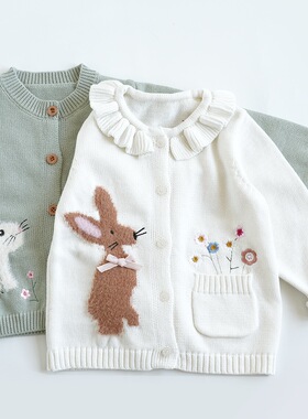 外贸出口90-130女宝春秋荷叶领纯棉针织刺绣兔子儿童毛衣开衫外套