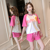 t恤女短裤 休闲运动套装 短袖 新款 卡通印花宽松纯棉两件套潮 女夏季