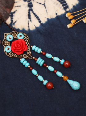 古风蓝色仿松石玫瑰流苏毛衣链