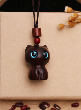 檀木复古可爱福气小猫项链