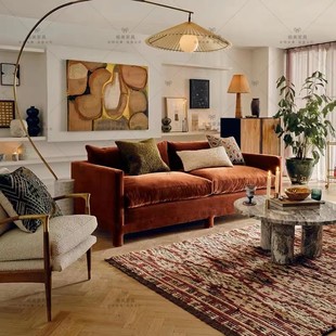需定制法式简约羽绒布艺丝绒中古家具设计师民宿酒店三人沙发覆古