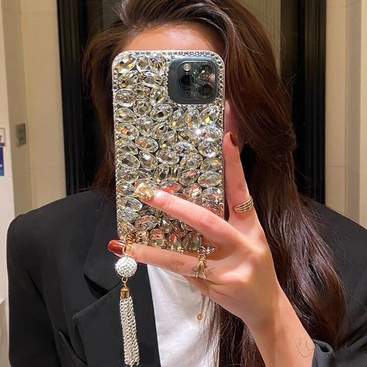 苹果16ProMax镶钻手机壳高级感iPhone15plus带钻石闪14适用13mini全包12保护套XS防摔XR满钻7网红新款8个性女