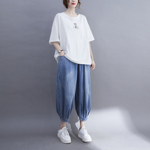 RM14014#文艺大码宽松上衣2023夏季新款胖mm加肥加大码女装短袖T恤