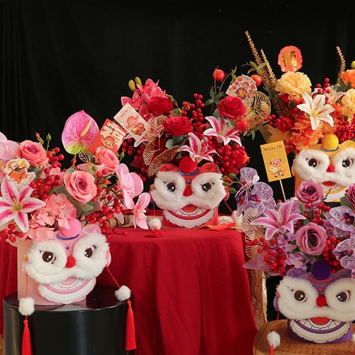 新年舞狮福桶高级花艺盒年宵花插DIY花盒春节装饰材料包乔迁送礼