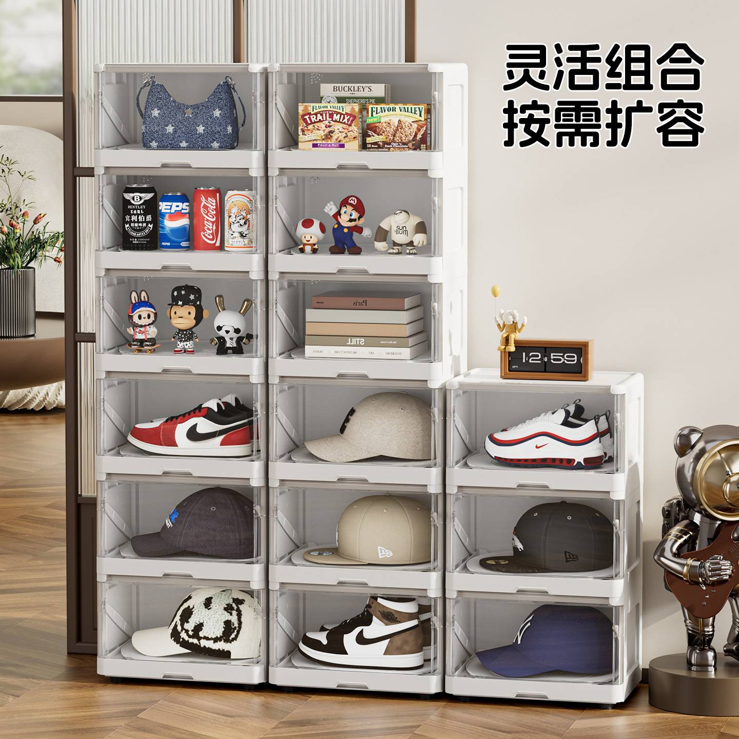 家用玄关棒球帽子收纳防尘简易鞋架子门口宿舍旋转透明鞋盒