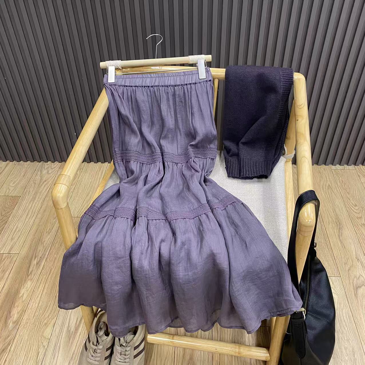 苎麻高腰蕾丝拼接半身裙内衬纯色百搭减龄文艺中长A字裙女Q24085 - 实物图