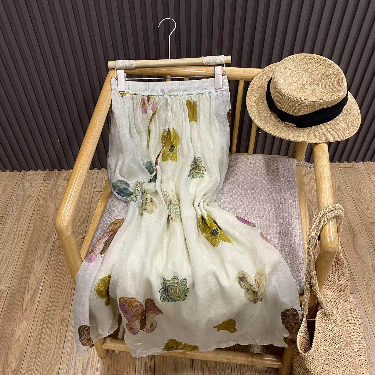 夏季印花苎麻半身裙碎花文艺中长款内衬显瘦百搭伞裙女Q66025-3