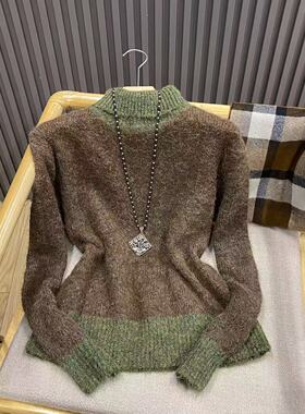 秋冬高领拼色套头毛衣羊毛混纺百搭宽松长袖撞色针织衫女Z1025