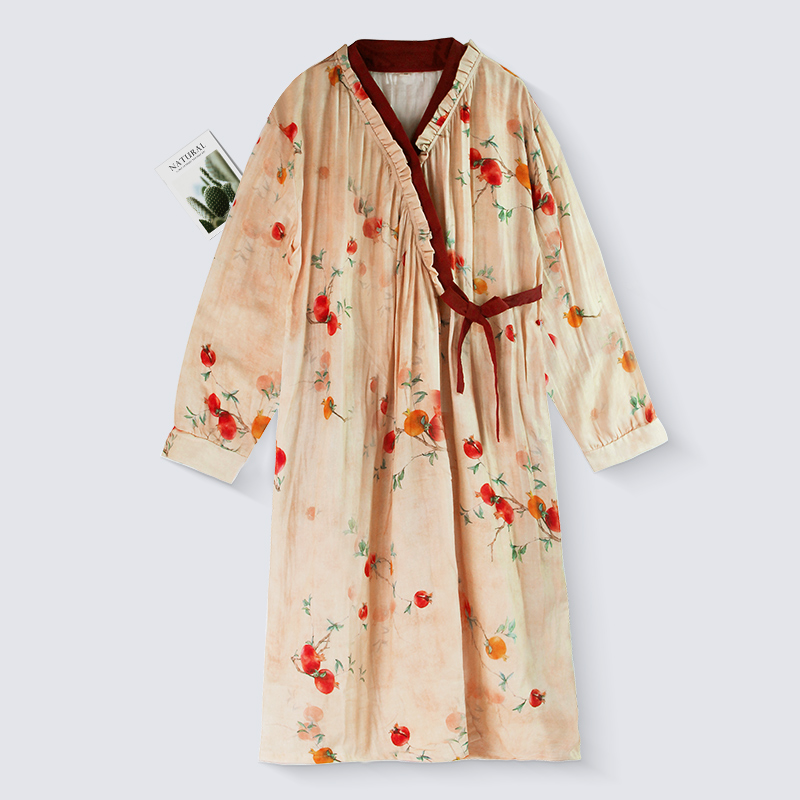 2025年春夏季新款日式和服双层纱布印花纯棉斜襟睡袍家居服女睡衣