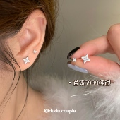 嘟嘟夫妇S999纯银四芒星耳钉养耳洞睡觉免摘精致爆闪耳蜗耳骨钉女