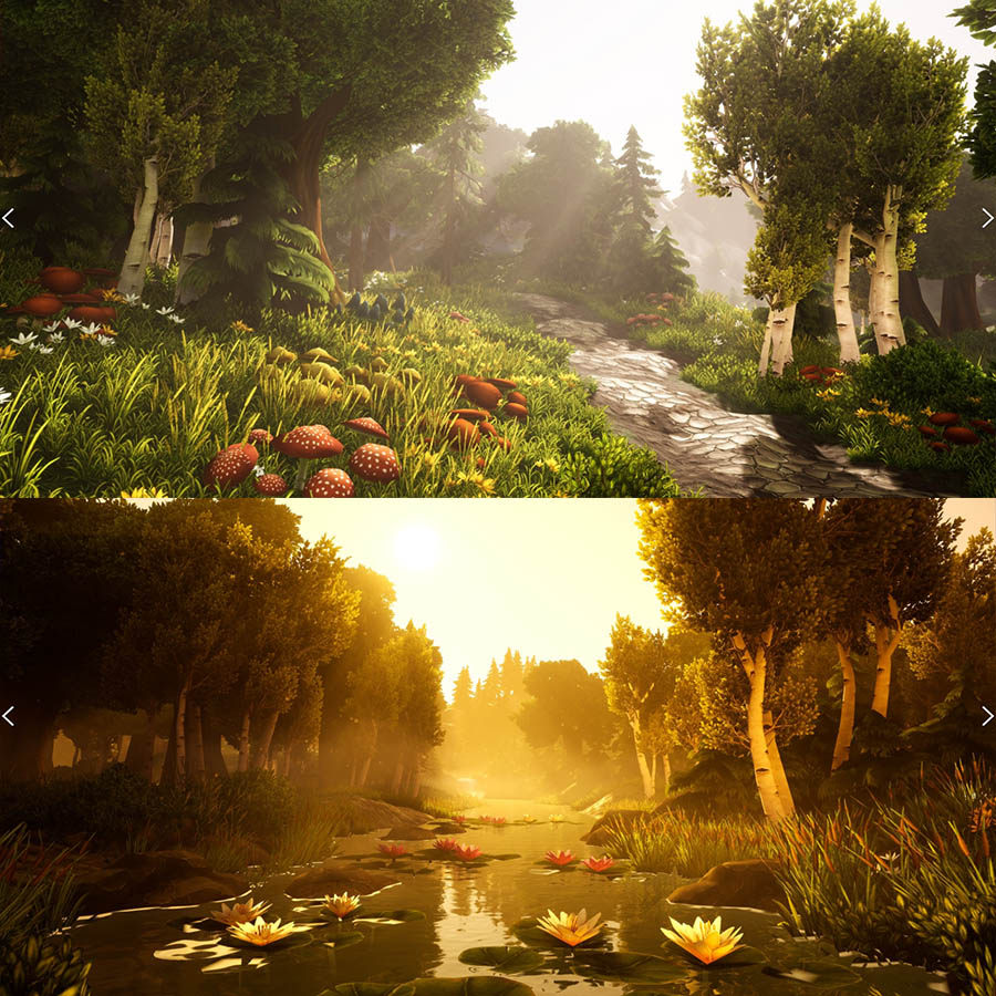 ue5风格化奇幻森林环境 云杉桦树灌木花卉蘑菇睡莲四季季节场景