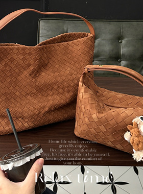 老钱风磨砂编织hobo大容量托特包棕色中古包松弛感慵懒单肩大包包