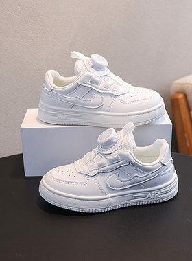 咪老鼠和猫旋转纽扣小白鞋幼儿园开学白色运动鞋男童皮面学生防水