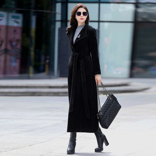 毛呢外套女2024年冬新款修身加厚貂绒大衣女黑色过膝长款羊绒大衣