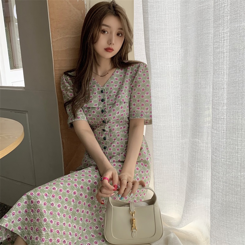 Real shot real shot Korean slim mid long V-neck short sleeve flower temperament dress versatile student dress