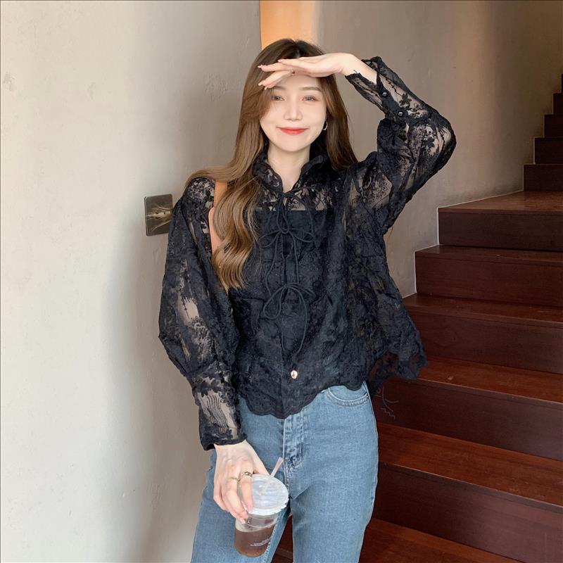 Real shot real price Korean loose thin sweet heavy industry mesh lace top versatile student two piece set