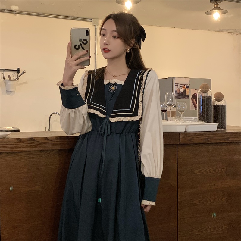 Real price loose medium length sweet Navy collar Vintage long sleeve dress versatile student Princess Dress