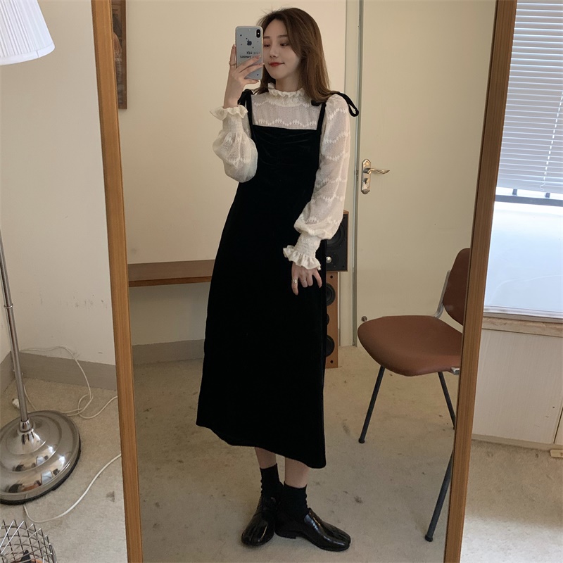 Mid length velvet strap dress + sweet lace top