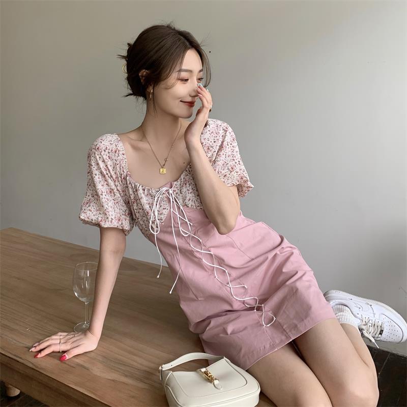 Real price Korean slim mid length Chiffon floral splicing bandage Short Sleeve Dress