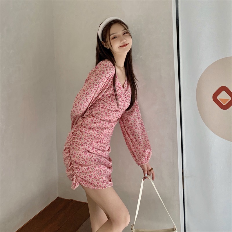 Real price Korean slim mid length Chiffon floral dress with new summer skirt for students