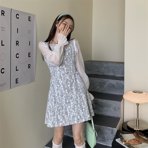 Real shot real price Korean slim cut Lace Floral splicing Chiffon sleeve sweet mid long waist dress