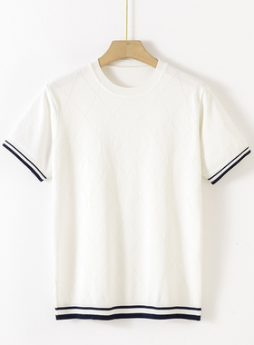 短袖T恤男春夏休闲圆领男士撞色格子针织衫 青年潮流修身提花上衣