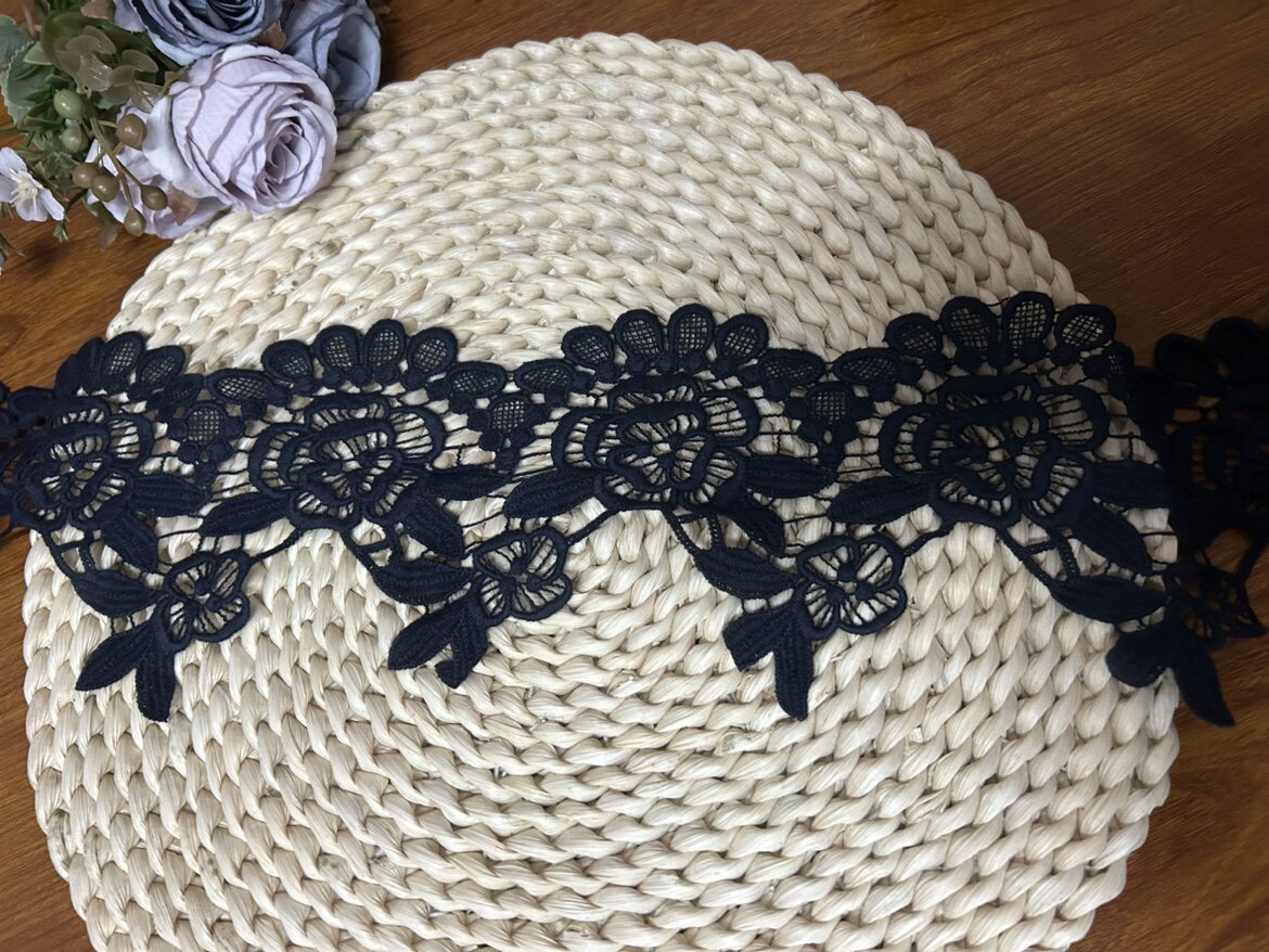 藏蓝色 缕空花朵重工刺绣蕾丝棉水溶花边辅料手工衣服桌旗diy10cm