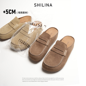 复古牛皮勃肯鞋包头拖鞋被增高休闲软底绒面平底一脚蹬懒人博肯鞋