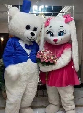 人偶服装蓝色西装魔术熊粉色长耳朵兔情侣头套成人卡通表演玩偶服