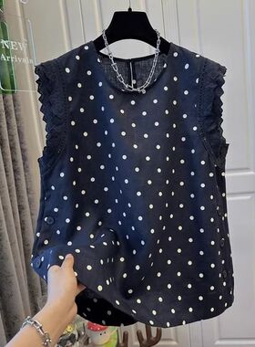 广州十三行女装复古风蓝色波点无袖背心女夏季木耳边蕾丝拼接上衣