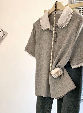 广州十三行女装灰色纯棉短袖t恤女娃娃领打底衫独特漂亮甜美上衣