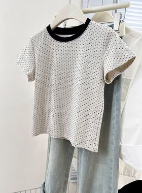 广州十三行高货灰色波点正肩短袖t恤女夏遮肉显瘦百搭上衣高级感