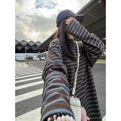 正肩条纹长袖t恤女春秋宽松慵懒