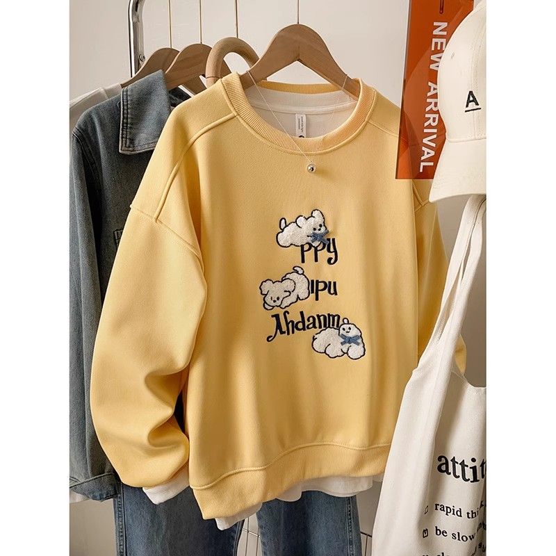 重工植绒刺绣圆领加绒卫衣女秋冬